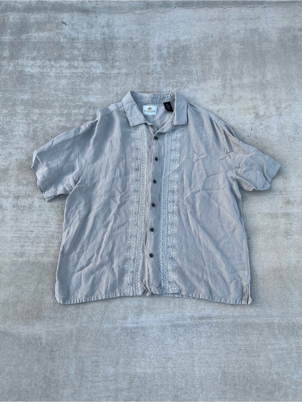 Men's Short-Sleeve Embroidered Button-Down Vacation Linen Shirt Sand size XL